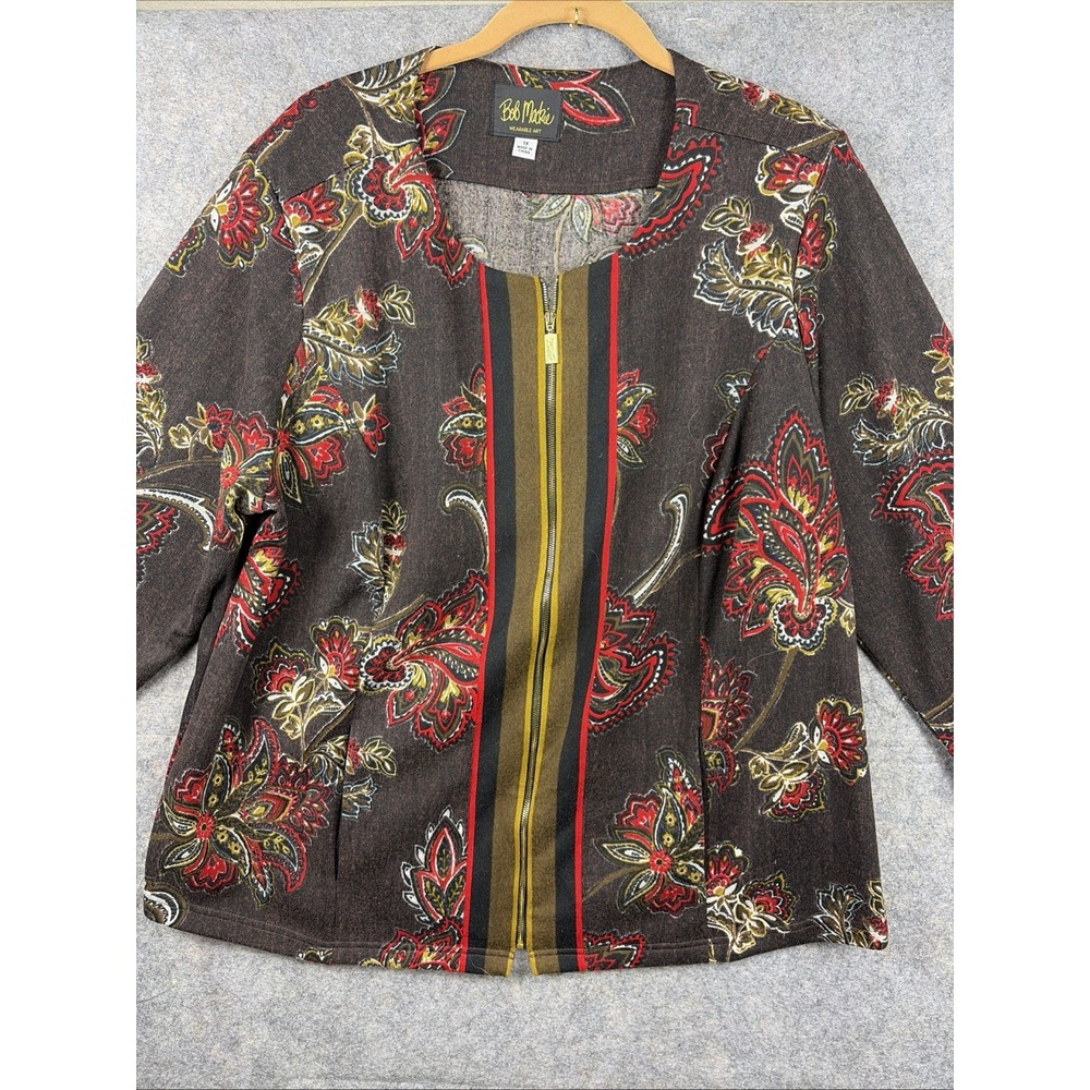 Bob Mackie Wearable Art Jacket Black Stand Collar‎ Embroidered Zip Stretch Sz 1X